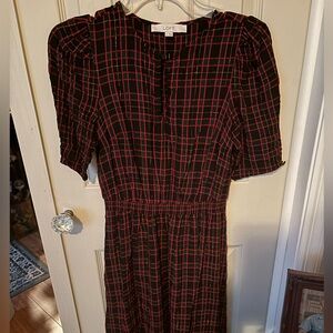 LOFT Black and Red Checkered Long Sleeve Dress